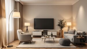 living room with floor lamps